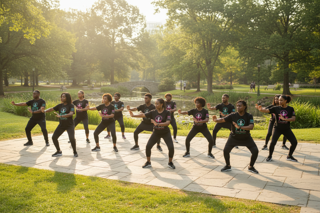 Black people practicing tai chi in FIT All Together t-shirts